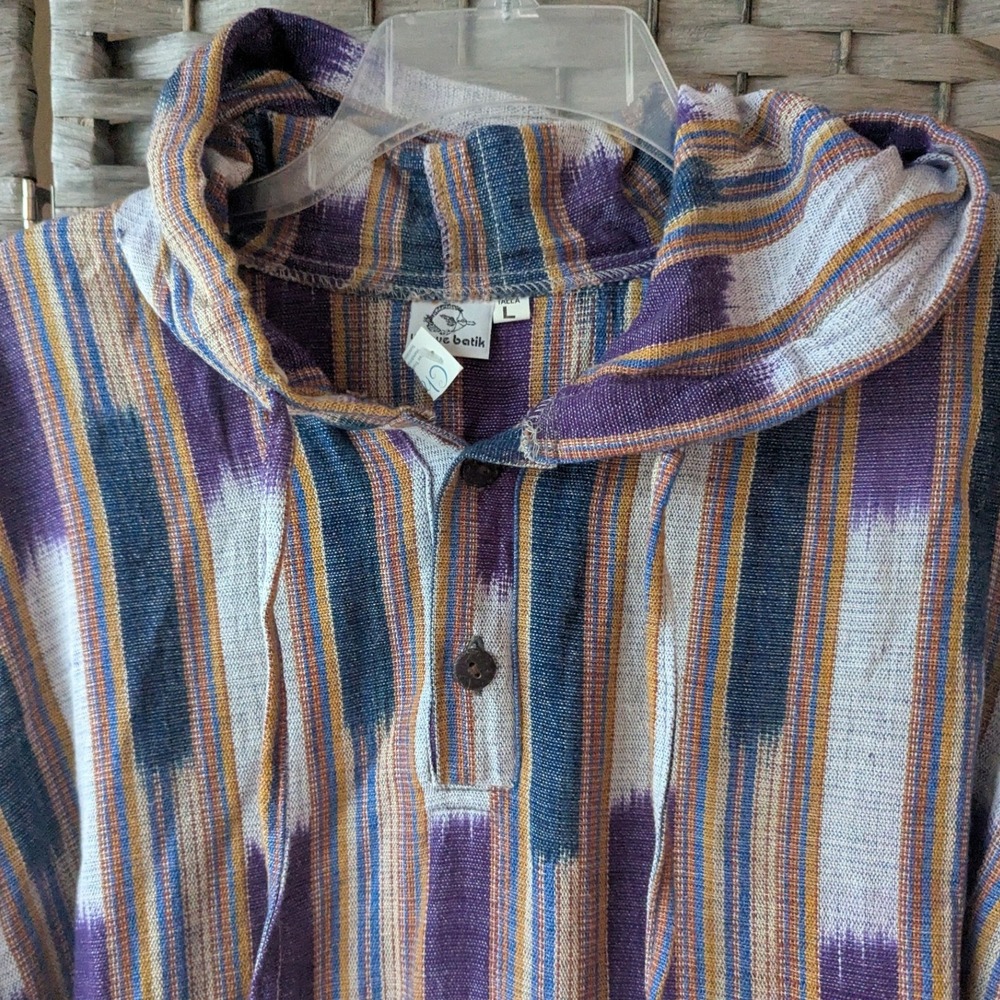 Unique Batik Hoodie Multicolor Ikat Stripe Cotton Pullover Mens L Boho Festival